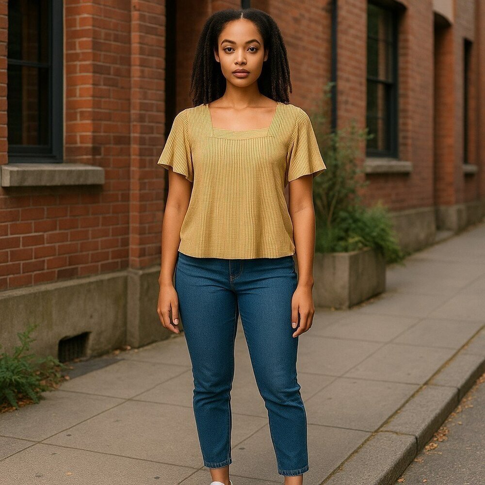 W5 Gold Striped Short Sleeve Square Neck Blouse Shirt Top